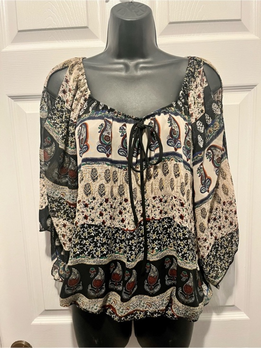 Y2K Vintage Limite Boho Blouse Top Paisley Open Sleeve Brown Cream Medium Women